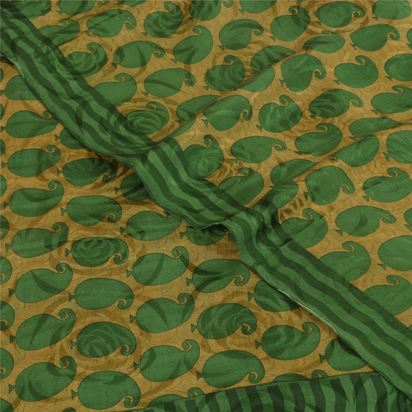 Sanskriti Vintage Sarees Green Pure Crepe Silk Printed Sari 5+yd Craft Sustainable Fabric