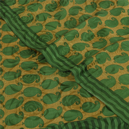 Sanskriti Vintage Sarees Green Pure Crepe Silk Printed Sari 5+yd Craft Sustainable Fabric