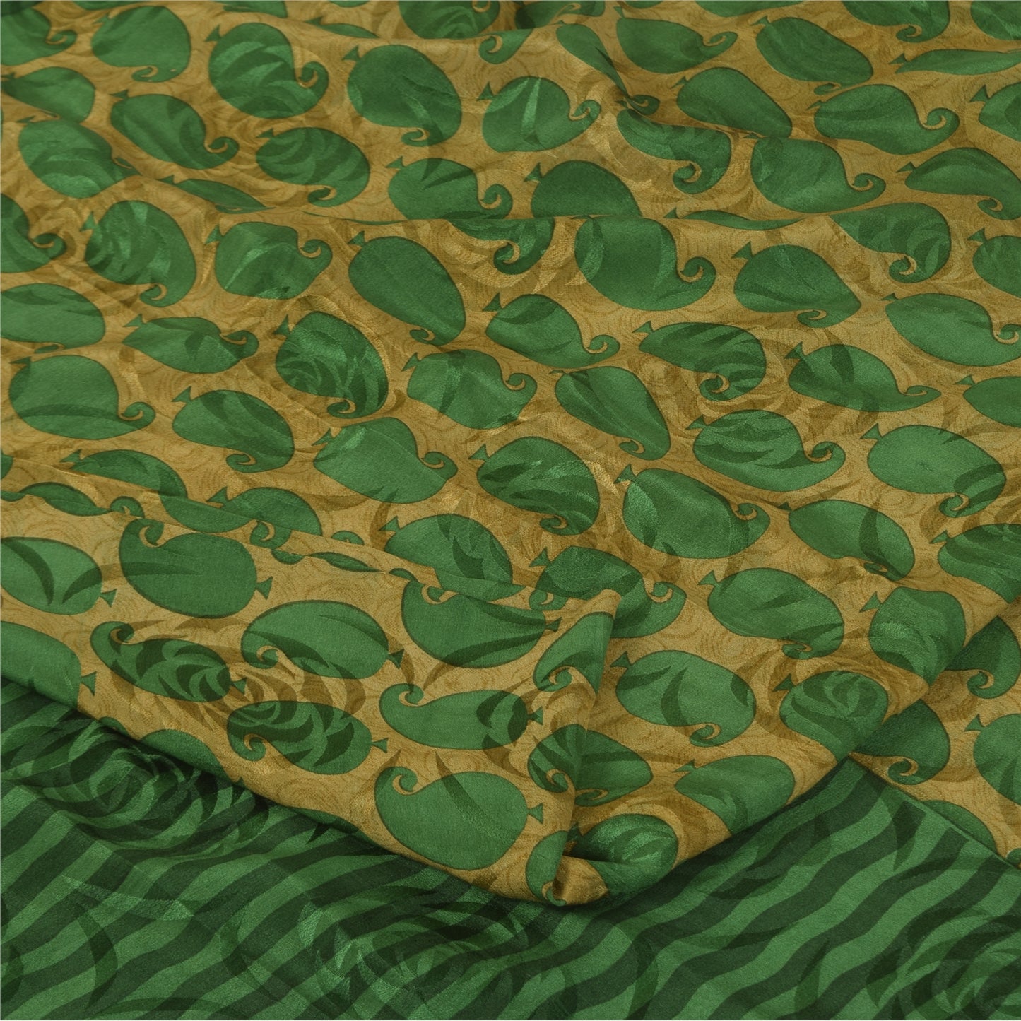 Sanskriti Vintage Sarees Green Pure Crepe Silk Printed Sari 5+yd Craft Sustainable Fabric