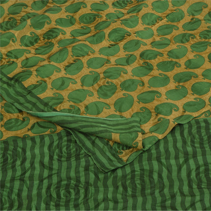 Sanskriti Vintage Sarees Green Pure Crepe Silk Printed Sari 5+yd Craft Sustainable Fabric