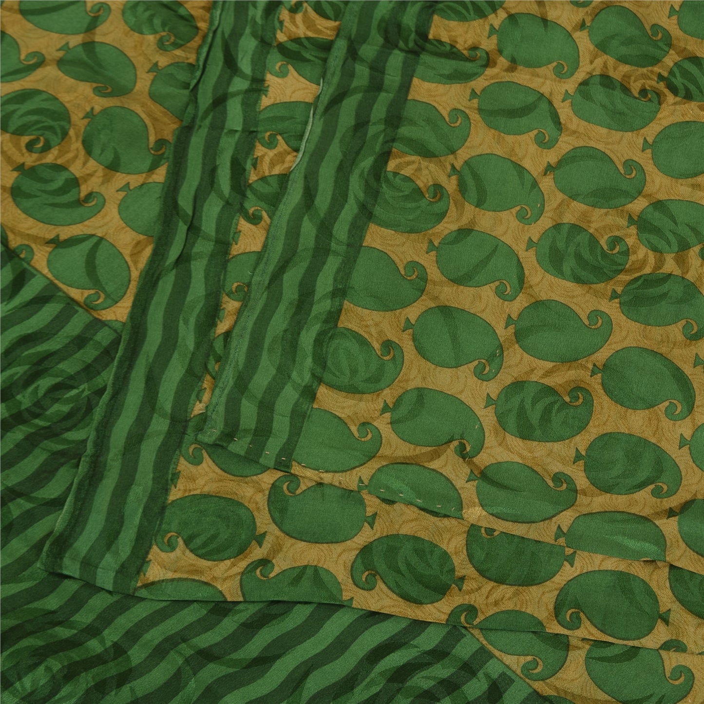 Sanskriti Vintage Sarees Green Pure Crepe Silk Printed Sari 5+yd Craft Sustainable Fabric