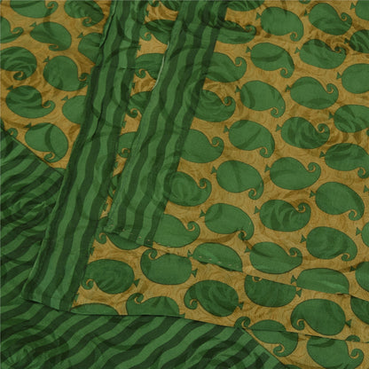 Sanskriti Vintage Sarees Green Pure Crepe Silk Printed Sari 5+yd Craft Sustainable Fabric