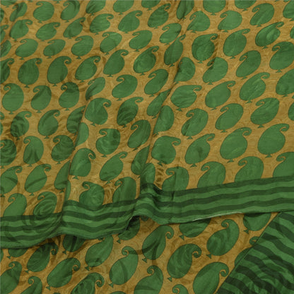 Sanskriti Vintage Sarees Green Pure Crepe Silk Printed Sari 5+yd Craft Sustainable Fabric