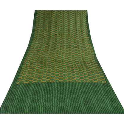 Sanskriti Vintage Sarees Green Pure Crepe Silk Printed Sari 5+yd Craft Sustainable Fabric