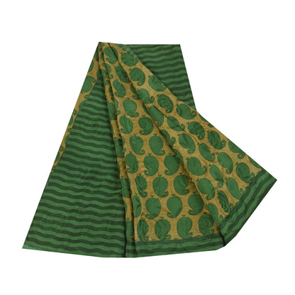 Sanskriti Vintage Sarees Green Pure Crepe Silk Printed Sari 5+yd Craft Sustainable Fabric