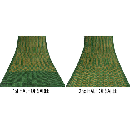 Sanskriti Vintage Sarees Green Pure Crepe Silk Printed Sari 5+yd Craft Sustainable Fabric