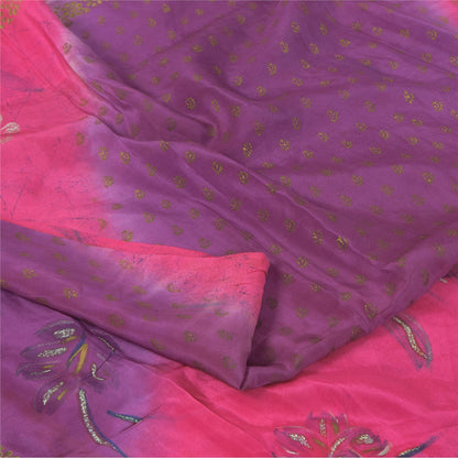 Sanskriti Vintage Sarees Pink/Purple Pure Crepe Sparkle Printed Sari 5+yd Sustainable Fabric