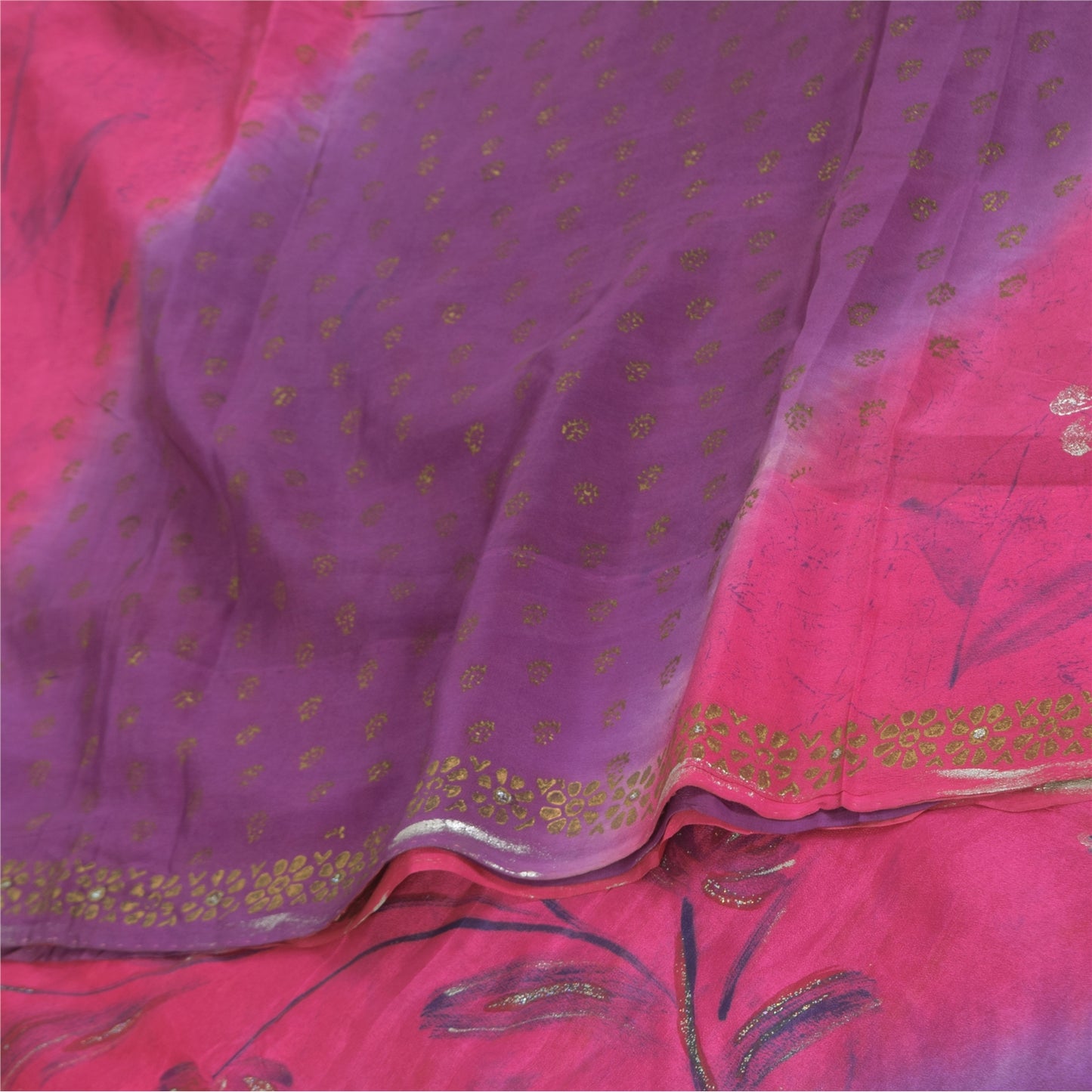 Sanskriti Vintage Sarees Pink/Purple Pure Crepe Sparkle Printed Sari 5+yd Sustainable Fabric