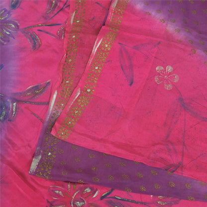 Sanskriti Vintage Sarees Pink/Purple Pure Crepe Sparkle Printed Sari 5+yd Sustainable Fabric
