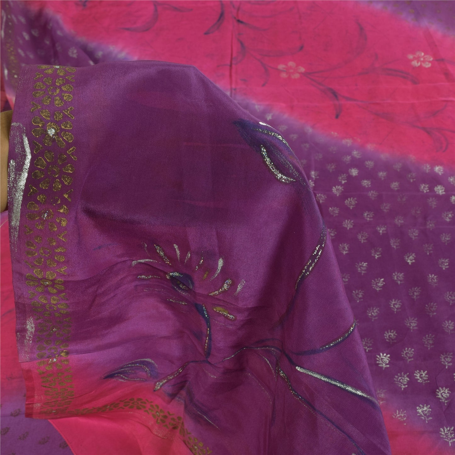 Sanskriti Vintage Sarees Pink/Purple Pure Crepe Sparkle Printed Sari 5+yd Sustainable Fabric