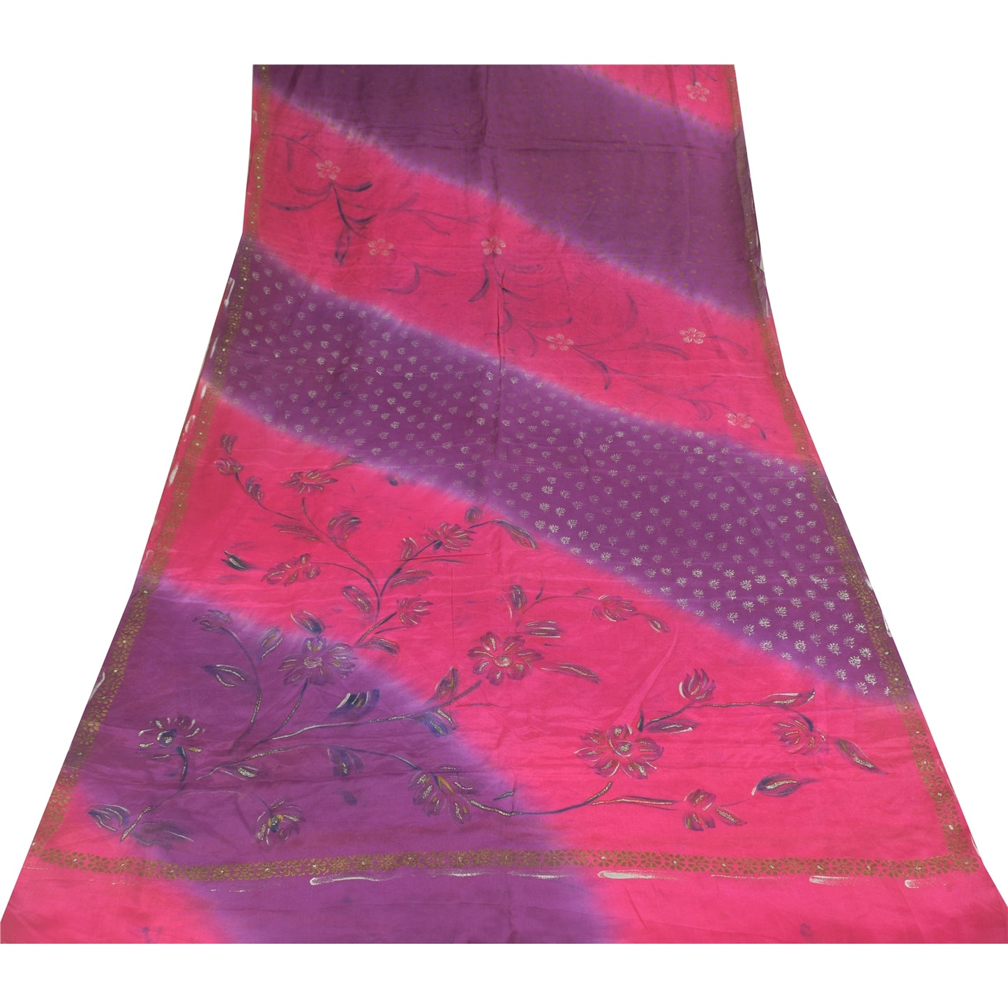 Sanskriti Vintage Sarees Pink/Purple Pure Crepe Sparkle Printed Sari 5+yd Sustainable Fabric