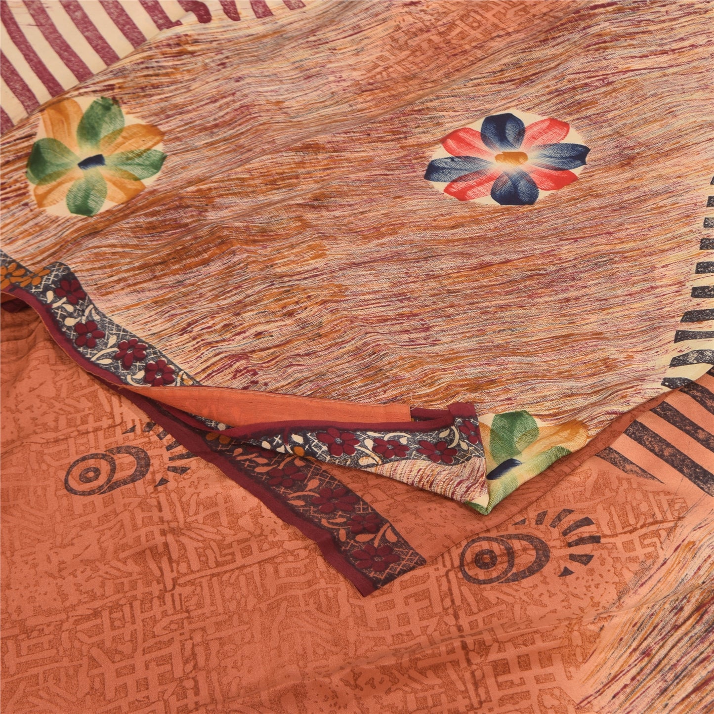 Sanskriti Vintage Sarees Orange Pure Crepe Silk Printed Sari 5+yd Craft Sustainable Fabric