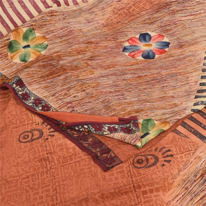 Sanskriti Vintage Sarees Orange Pure Crepe Silk Printed Sari 5+yd Craft Sustainable Fabric