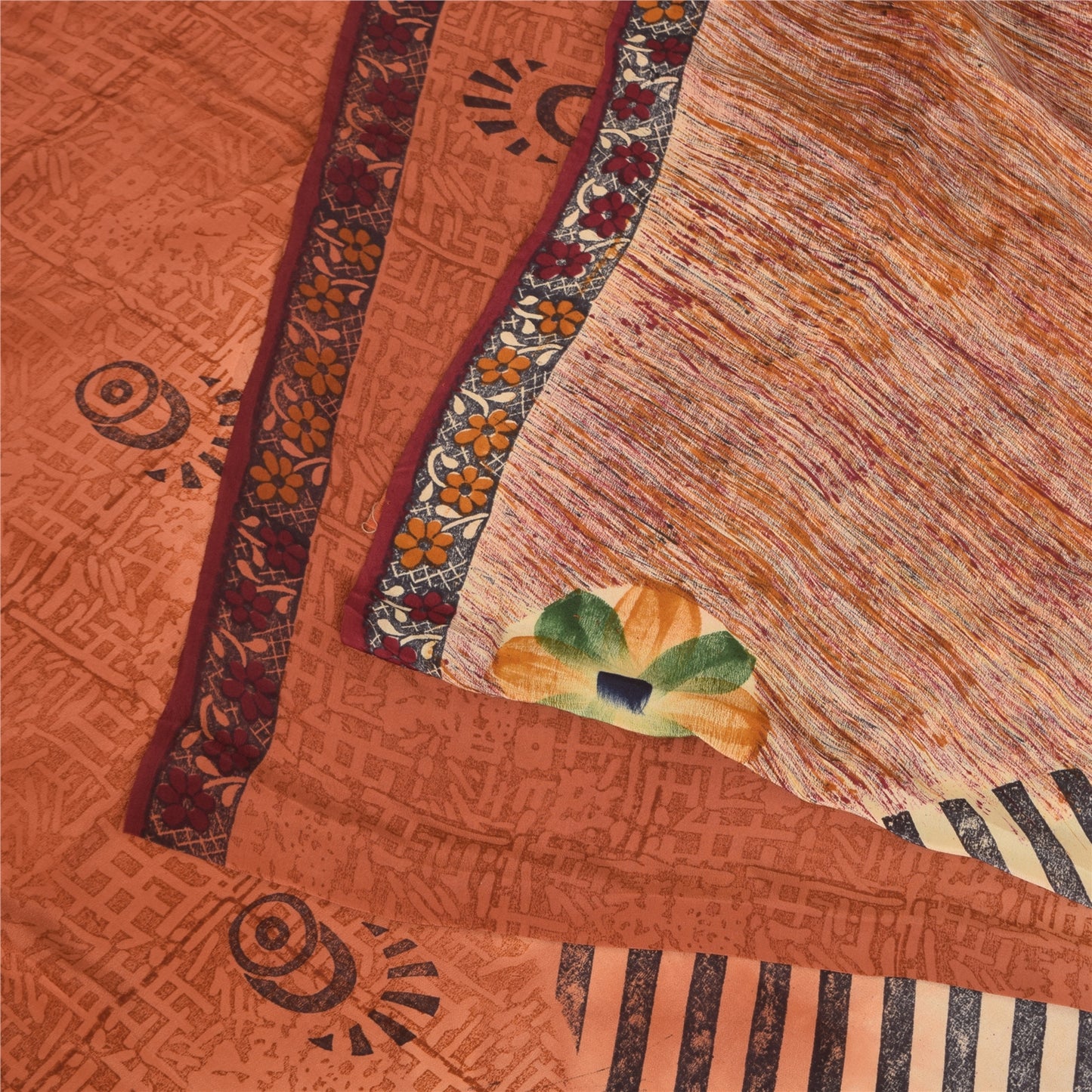 Sanskriti Vintage Sarees Orange Pure Crepe Silk Printed Sari 5+yd Craft Sustainable Fabric