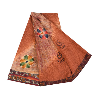 Sanskriti Vintage Sarees Orange Pure Crepe Silk Printed Sari 5+yd Craft Sustainable Fabric