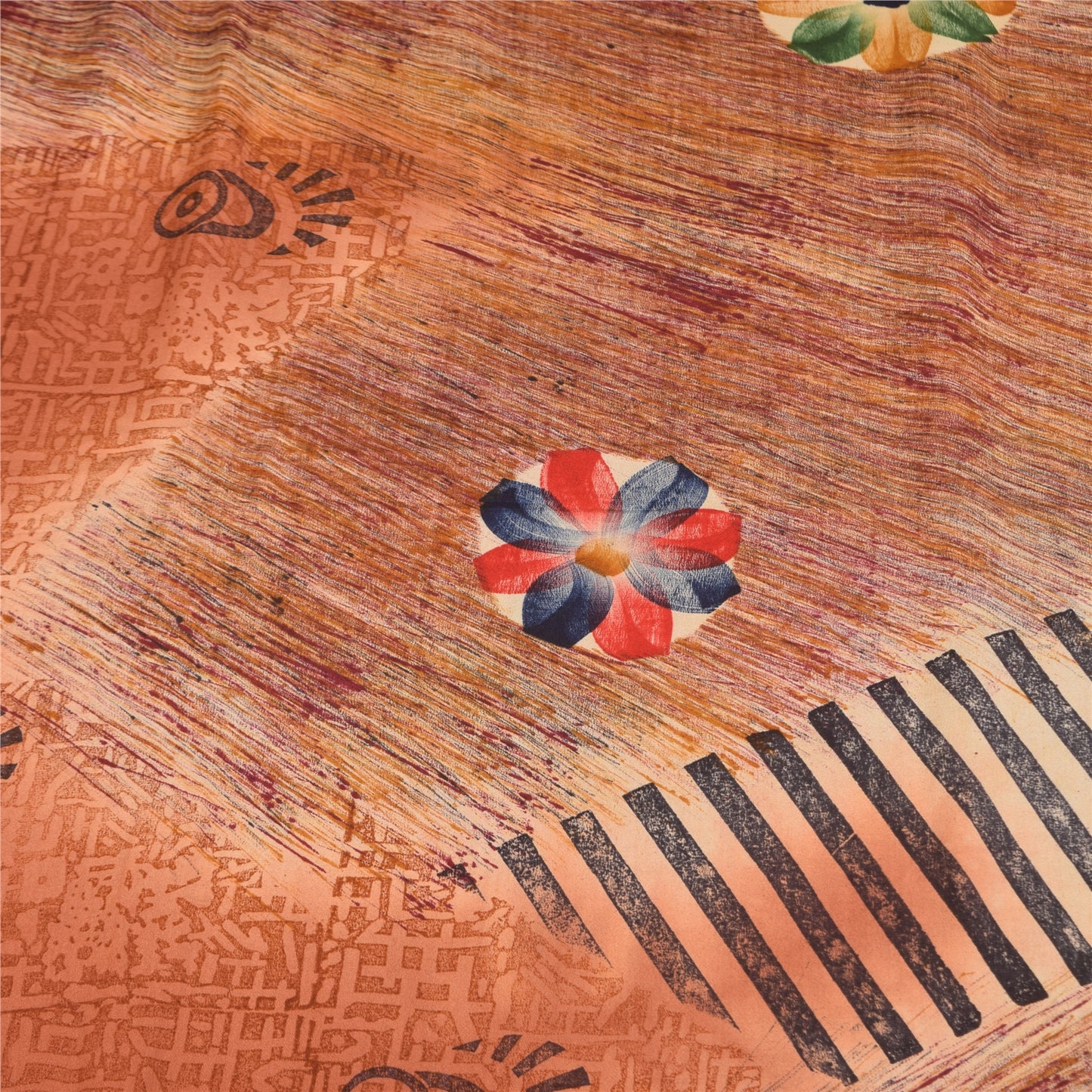 Sanskriti Vintage Sarees Orange Pure Crepe Silk Printed Sari 5+yd Craft Sustainable Fabric