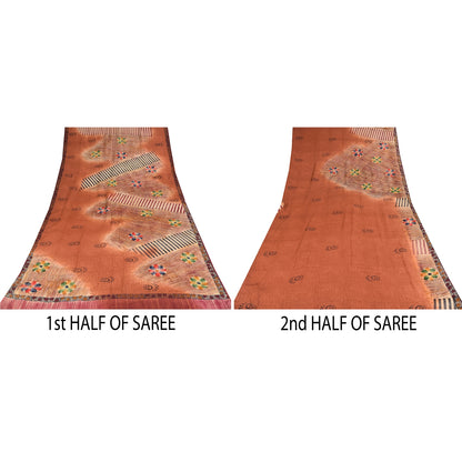 Sanskriti Vintage Sarees Orange Pure Crepe Silk Printed Sari 5+yd Craft Sustainable Fabric