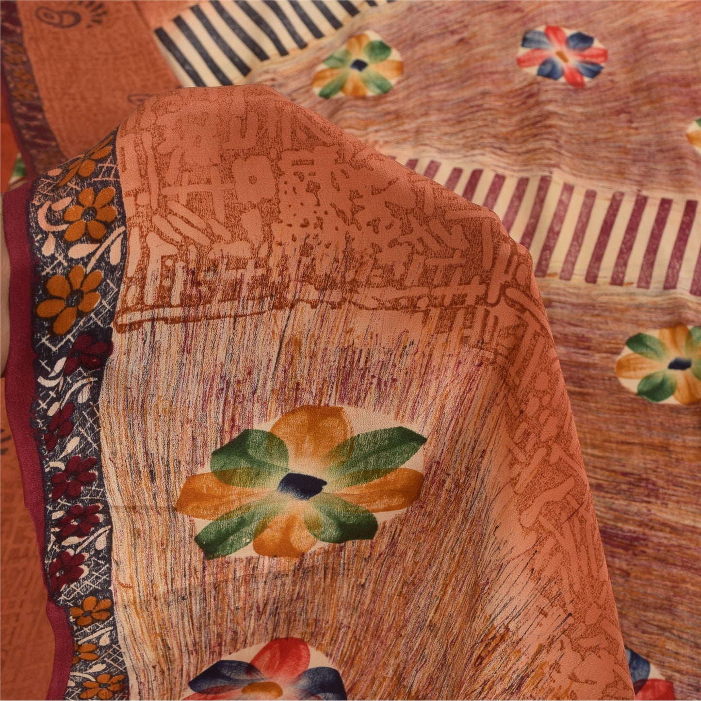 Sanskriti Vintage Sarees Orange Pure Crepe Silk Printed Sari 5+yd Craft Sustainable Fabric