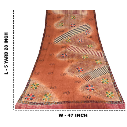 Sanskriti Vintage Sarees Orange Pure Crepe Silk Printed Sari 5+yd Craft Sustainable Fabric