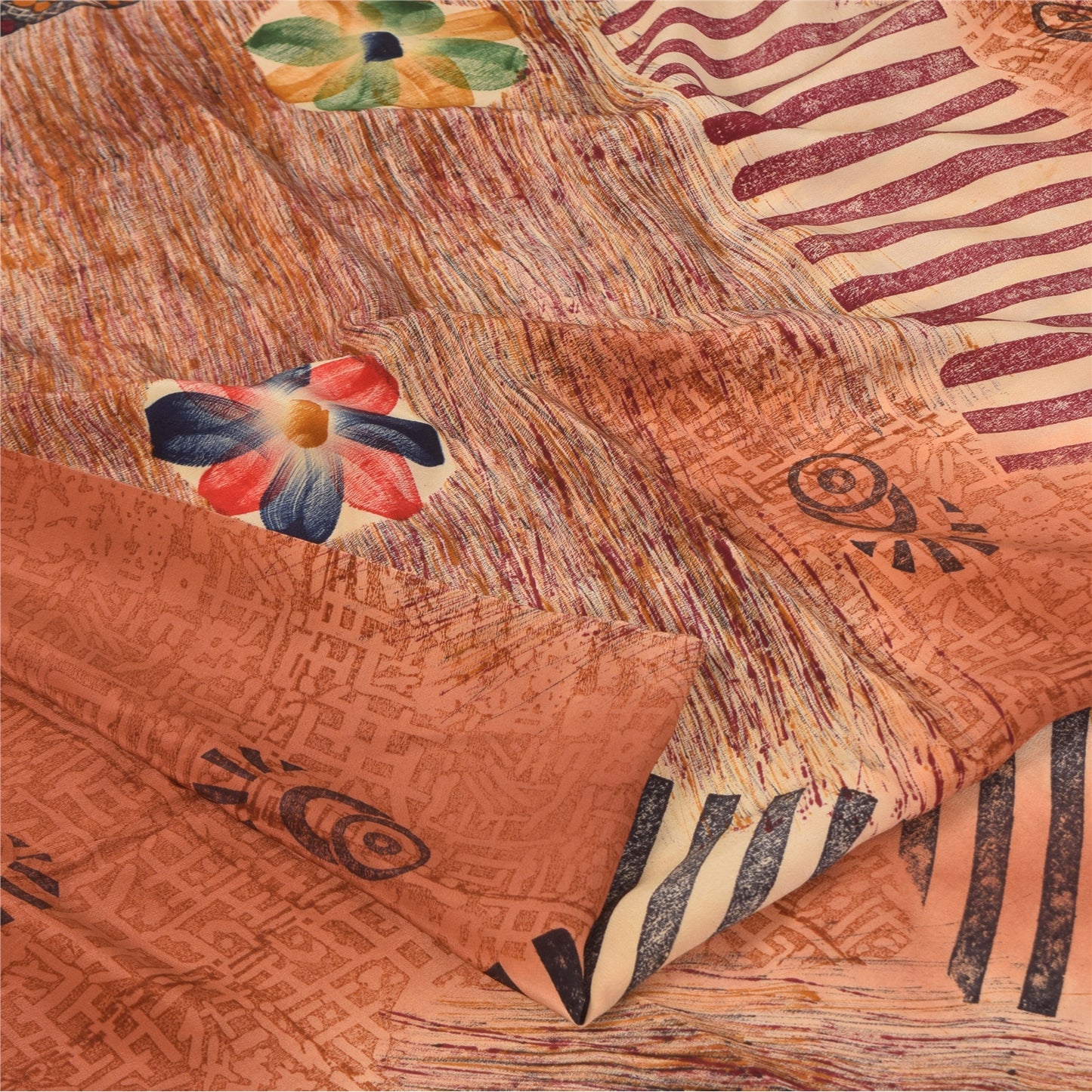 Sanskriti Vintage Sarees Orange Pure Crepe Silk Printed Sari 5+yd Craft Sustainable Fabric