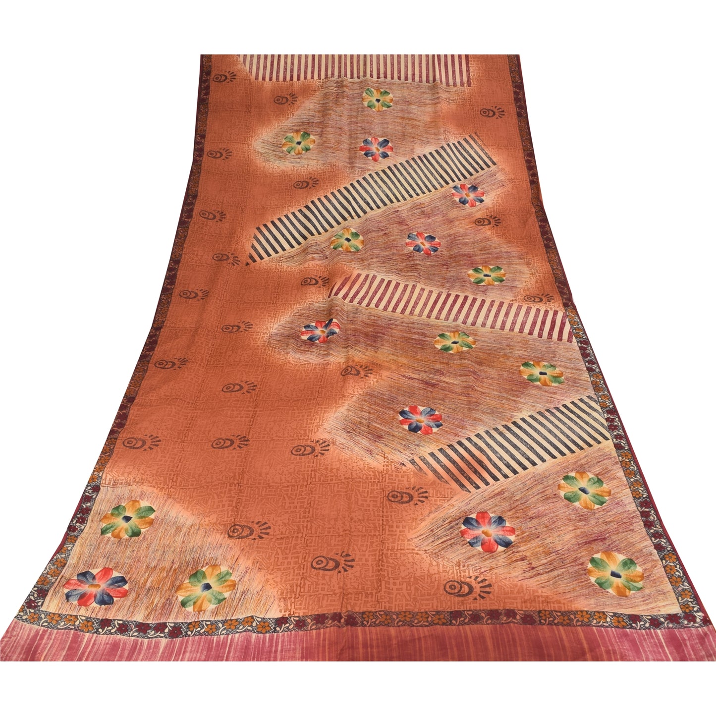 Sanskriti Vintage Sarees Orange Pure Crepe Silk Printed Sari 5+yd Craft Sustainable Fabric