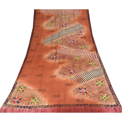 Sanskriti Vintage Sarees Orange Pure Crepe Silk Printed Sari 5+yd Craft Sustainable Fabric