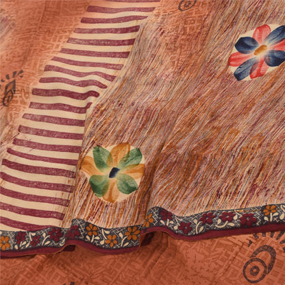 Sanskriti Vintage Sarees Orange Pure Crepe Silk Printed Sari 5+yd Craft Sustainable Fabric