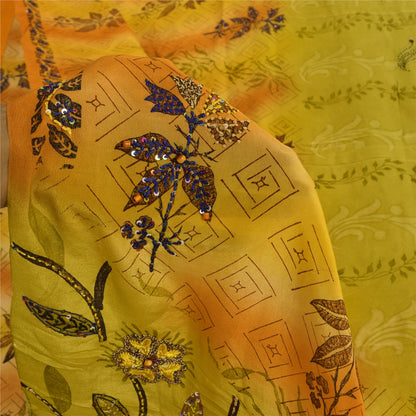 Сари в винтажном стиле на санскрите, зеленое/желтое, чистый креп, расшитый вручную бисером, сари, устойчивая ткань