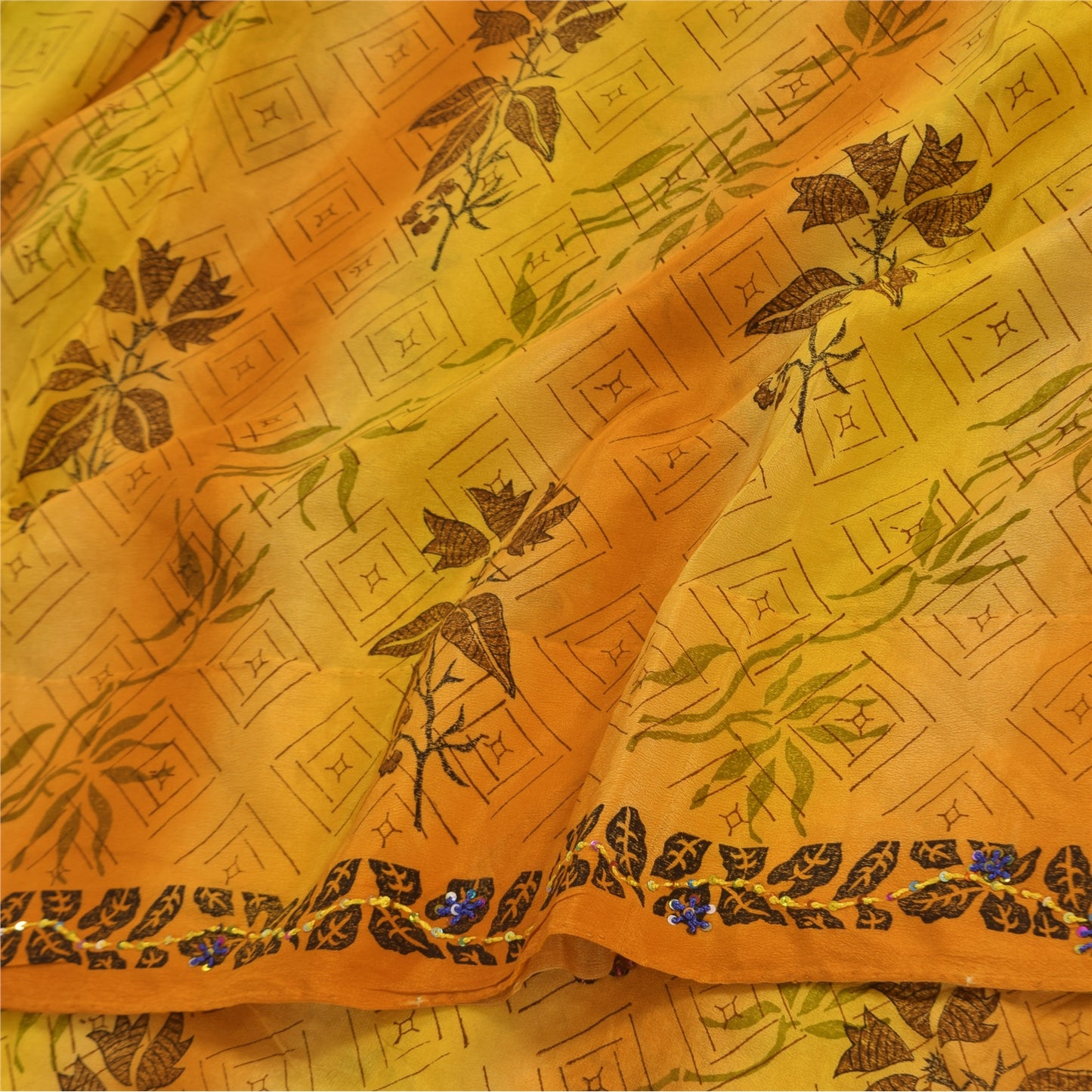 Сари в винтажном стиле на санскрите, зеленое/желтое, чистый креп, расшитый вручную бисером, сари, устойчивая ткань