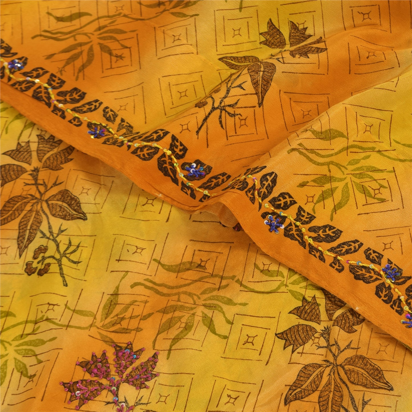 Сари в винтажном стиле на санскрите, зеленое/желтое, чистый креп, расшитый вручную бисером, сари, устойчивая ткань