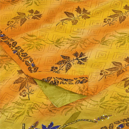Sanskriti Vintage Sarees Green/Yellow Pure Crepe Hand Beaded Printed Sari Sustainable Fabric