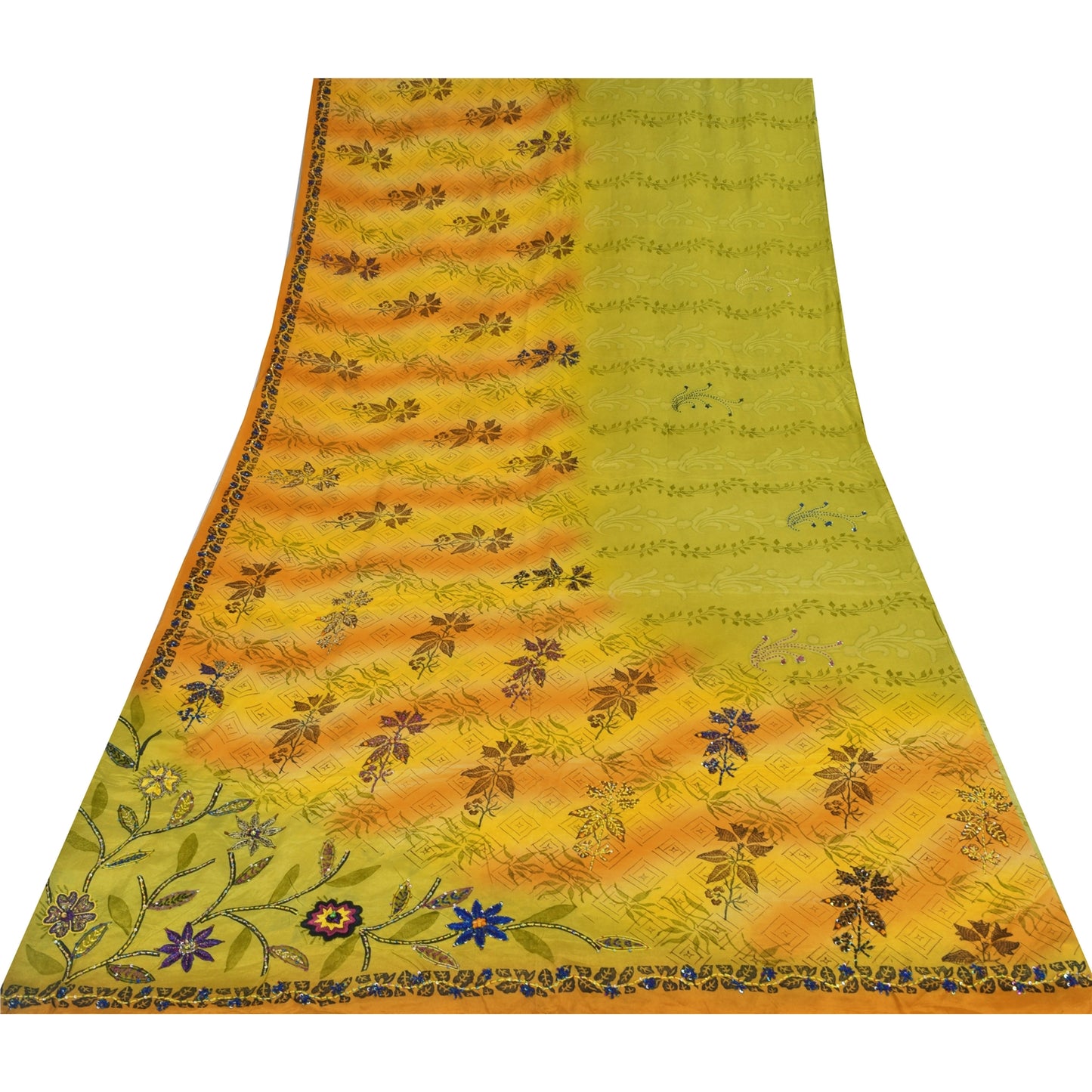 Сари в винтажном стиле на санскрите, зеленое/желтое, чистый креп, расшитый вручную бисером, сари, устойчивая ткань