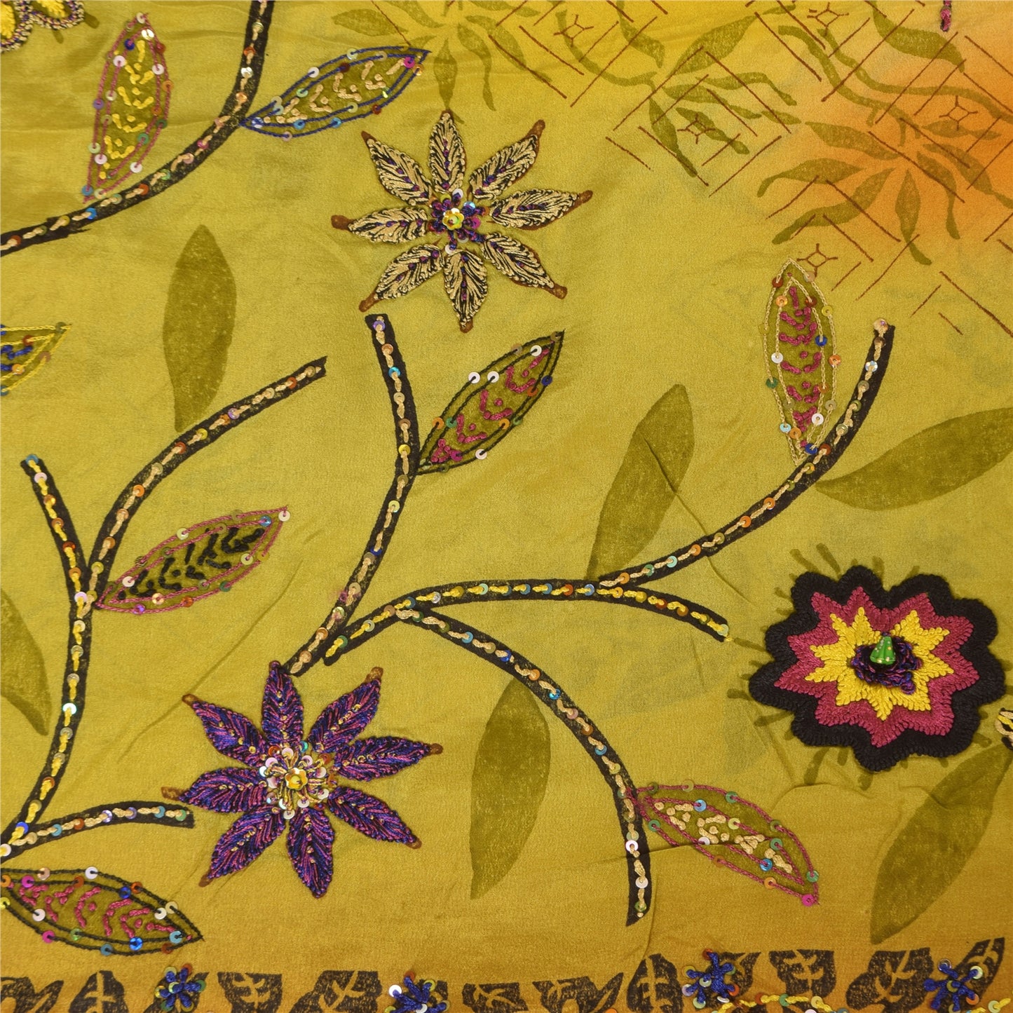 Сари в винтажном стиле на санскрите, зеленое/желтое, чистый креп, расшитый вручную бисером, сари, устойчивая ткань