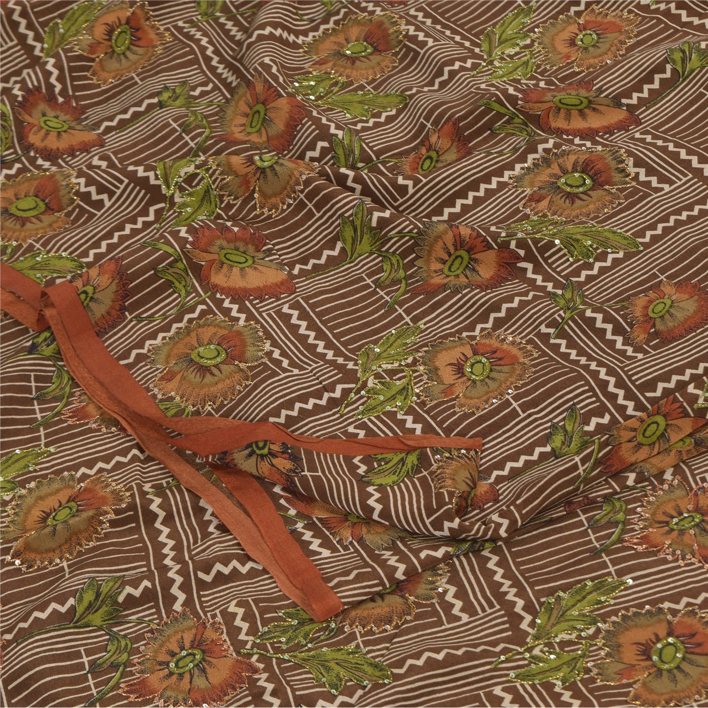 Санскритские винтажные сари из чистого крепа с вышивкой и принтом, коричневое сари, 5+ ярдов, устойчивая ткань