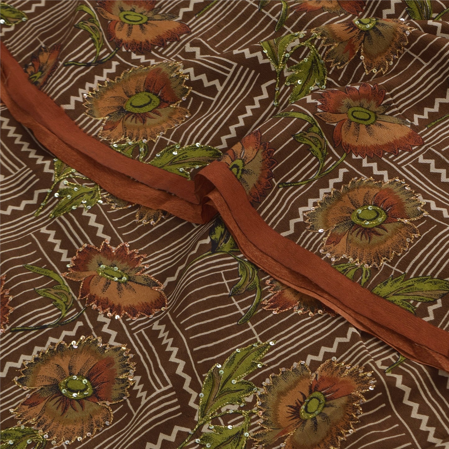 Санскритские винтажные сари из чистого крепа с вышивкой и принтом, коричневое сари, 5+ ярдов, устойчивая ткань