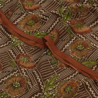 Санскритские винтажные сари из чистого крепа с вышивкой и принтом, коричневое сари, 5+ ярдов, устойчивая ткань