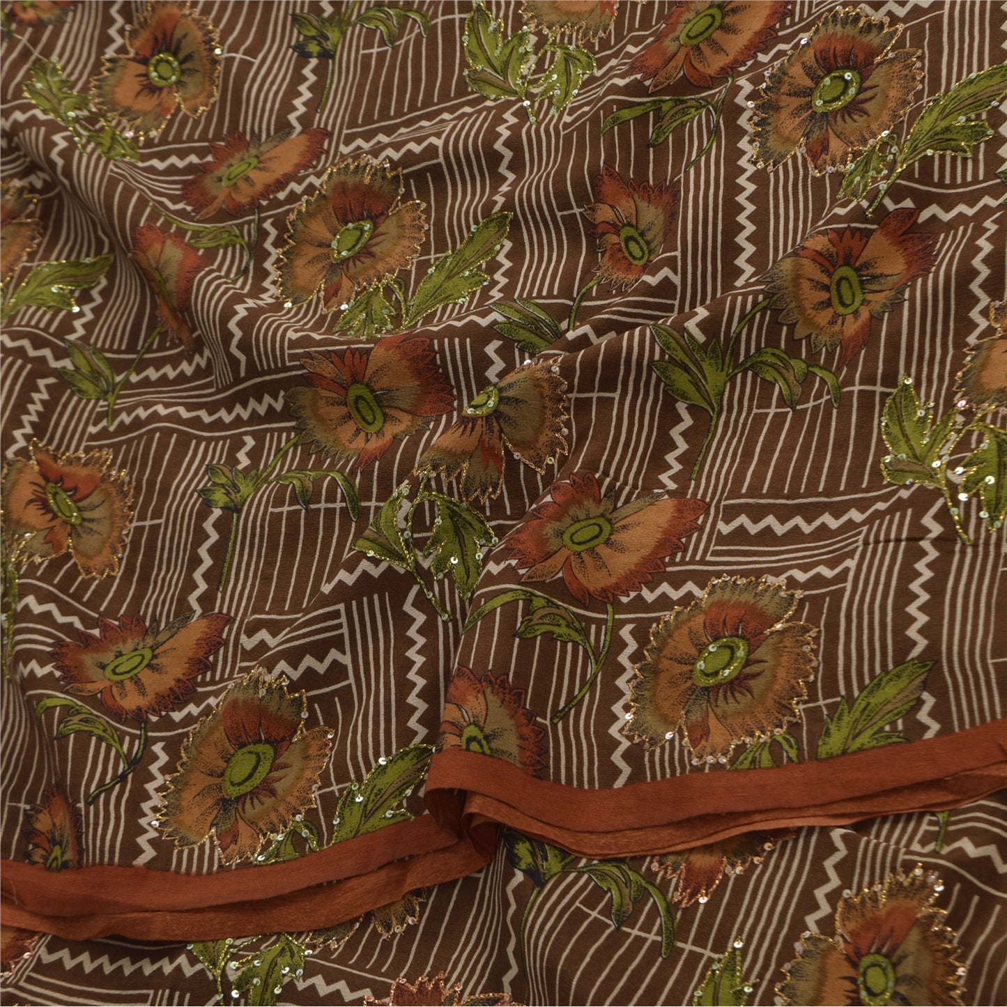 Санскритские винтажные сари из чистого крепа с вышивкой и принтом, коричневое сари, 5+ ярдов, устойчивая ткань