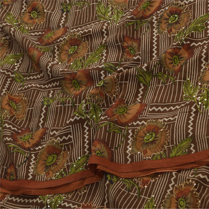 Санскритские винтажные сари из чистого крепа с вышивкой и принтом, коричневое сари, 5+ ярдов, устойчивая ткань