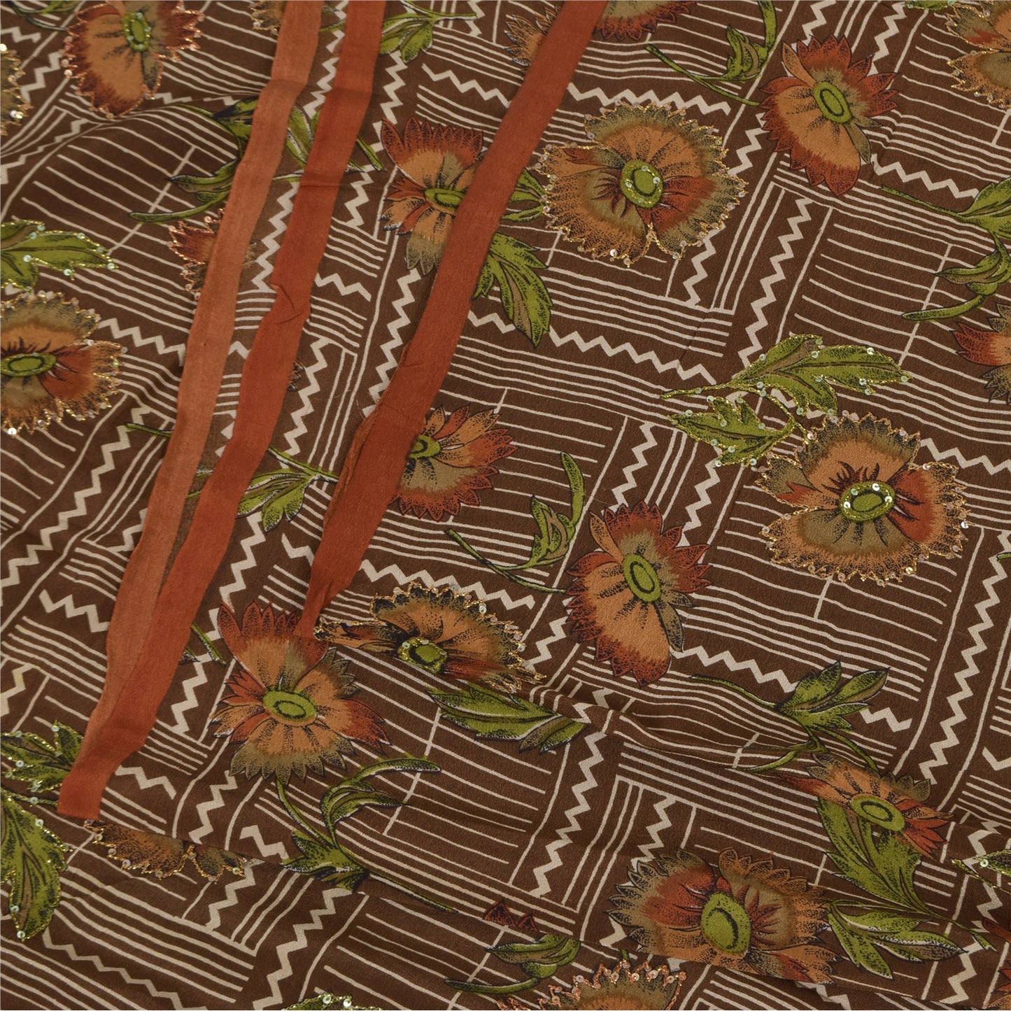 Санскритские винтажные сари из чистого крепа с вышивкой и принтом, коричневое сари, 5+ ярдов, устойчивая ткань