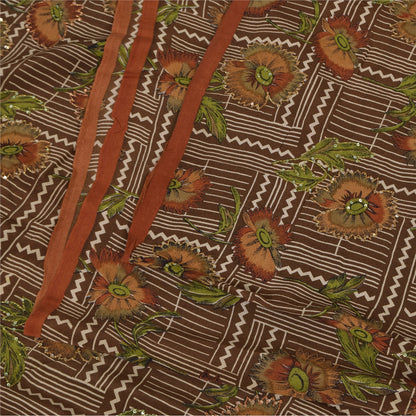 Санскритские винтажные сари из чистого крепа с вышивкой и принтом, коричневое сари, 5+ ярдов, устойчивая ткань