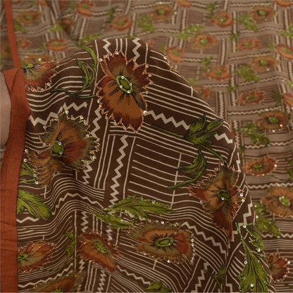 Санскритские винтажные сари из чистого крепа с вышивкой и принтом, коричневое сари, 5+ ярдов, устойчивая ткань