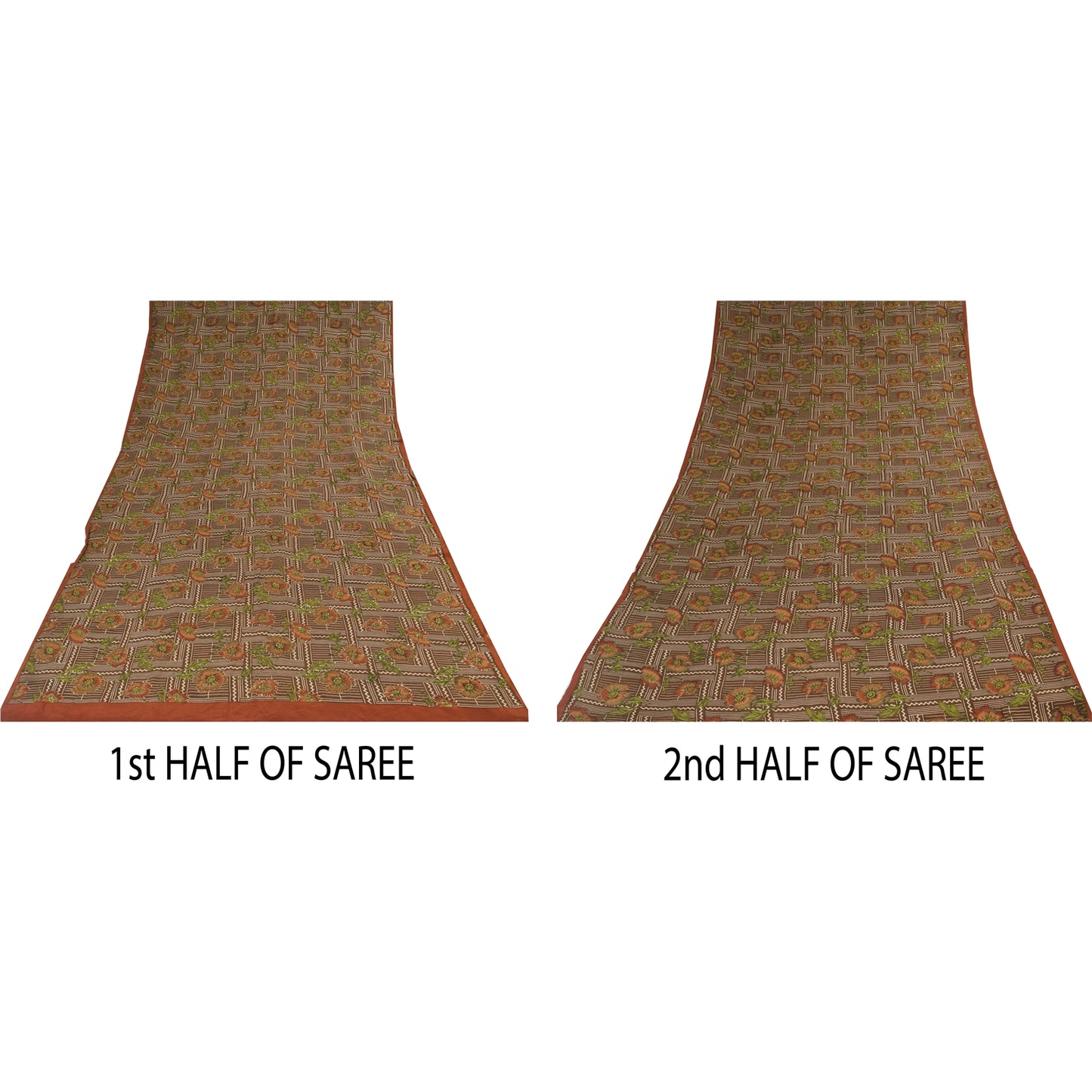 Санскритские винтажные сари из чистого крепа с вышивкой и принтом, коричневое сари, 5+ ярдов, устойчивая ткань
