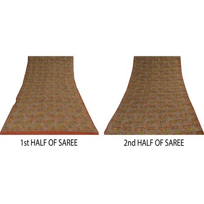 Санскритские винтажные сари из чистого крепа с вышивкой и принтом, коричневое сари, 5+ ярдов, устойчивая ткань