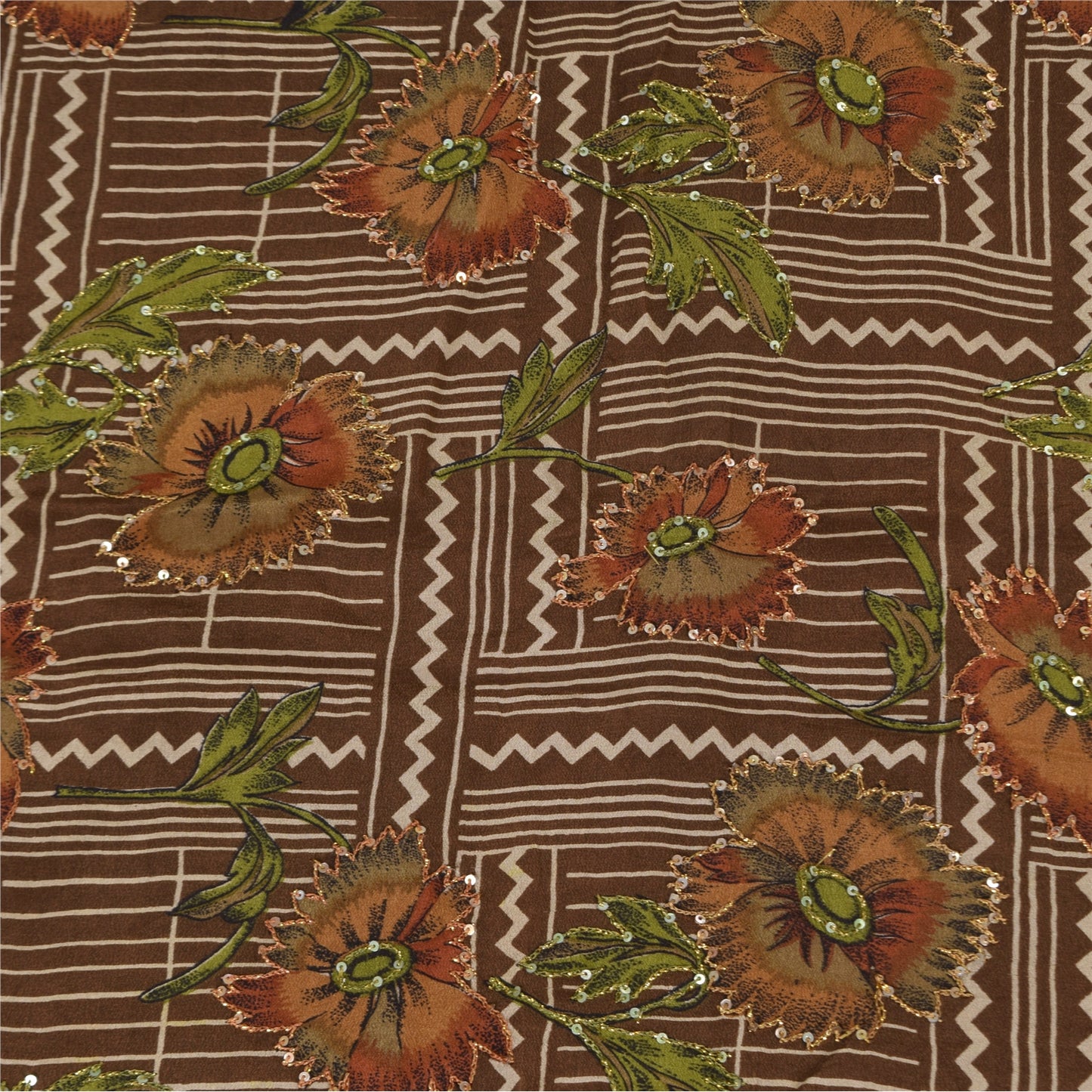 Санскритские винтажные сари из чистого крепа с вышивкой и принтом, коричневое сари, 5+ ярдов, устойчивая ткань