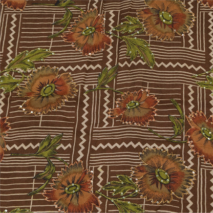 Санскритские винтажные сари из чистого крепа с вышивкой и принтом, коричневое сари, 5+ ярдов, устойчивая ткань