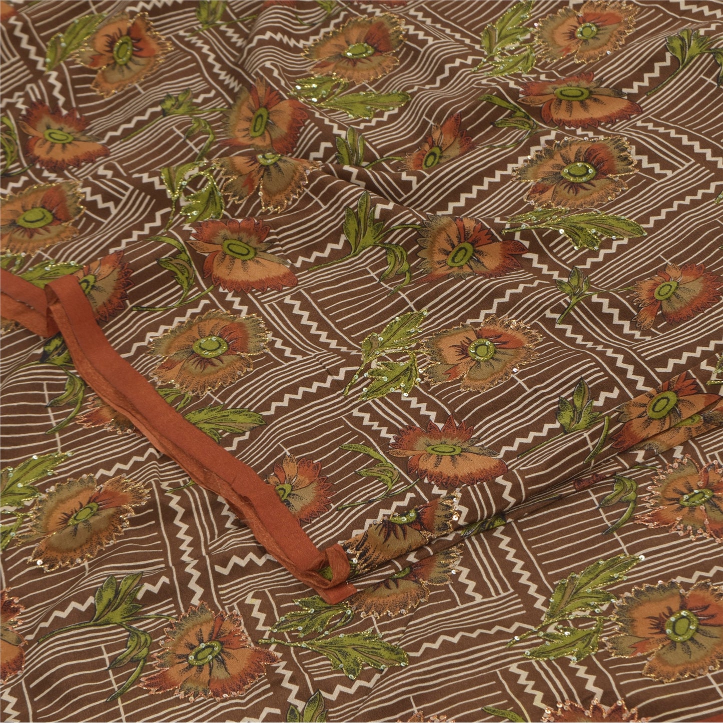 Санскритские винтажные сари из чистого крепа с вышивкой и принтом, коричневое сари, 5+ ярдов, устойчивая ткань