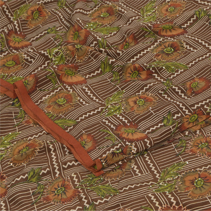 Санскритские винтажные сари из чистого крепа с вышивкой и принтом, коричневое сари, 5+ ярдов, устойчивая ткань