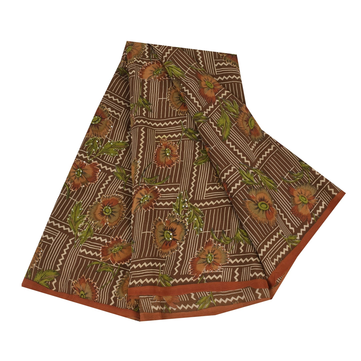 Санскритские винтажные сари из чистого крепа с вышивкой и принтом, коричневое сари, 5+ ярдов, устойчивая ткань