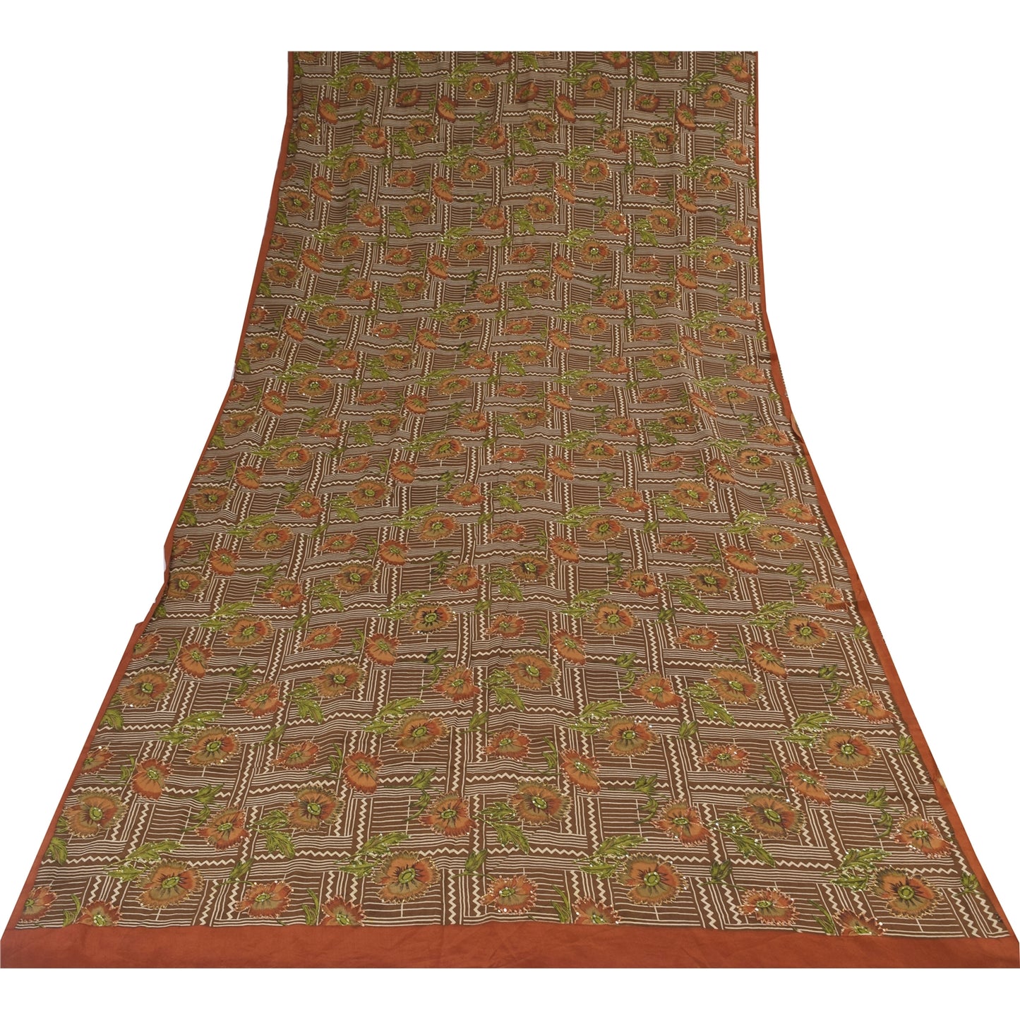 Санскритские винтажные сари из чистого крепа с вышивкой и принтом, коричневое сари, 5+ ярдов, устойчивая ткань