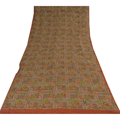 Санскритские винтажные сари из чистого крепа с вышивкой и принтом, коричневое сари, 5+ ярдов, устойчивая ткань